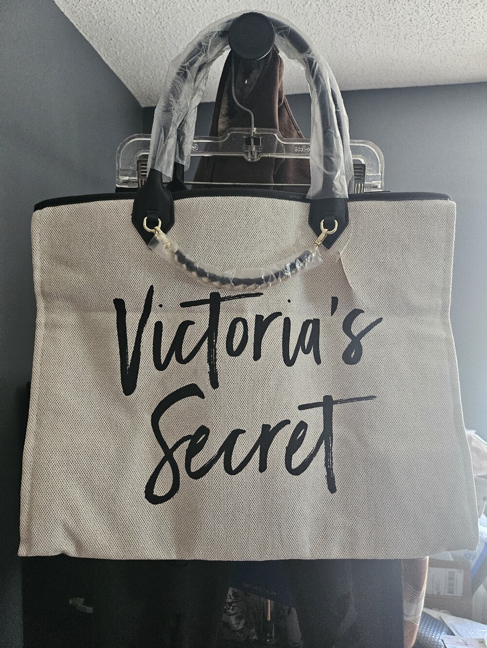 Victoria's Secret Beige Canvas Tote with Black Script and Handles